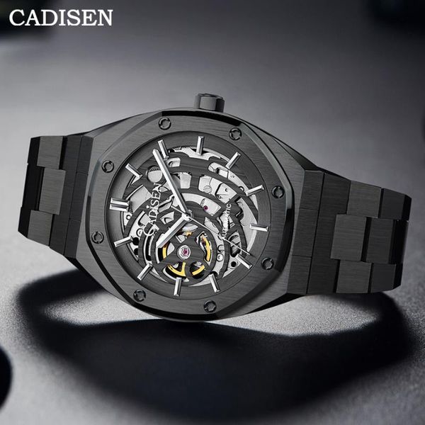 

wristwatches cadisen 100m waterproof swimming men watches luxury skeleton automatic mechanical watch sapphire glass japan movement hollow, Slivery;brown