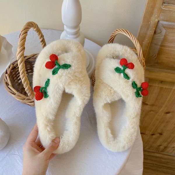 

fur slipper shoes women's 2021 autumn style cross cute casual cherry women slippers, Black