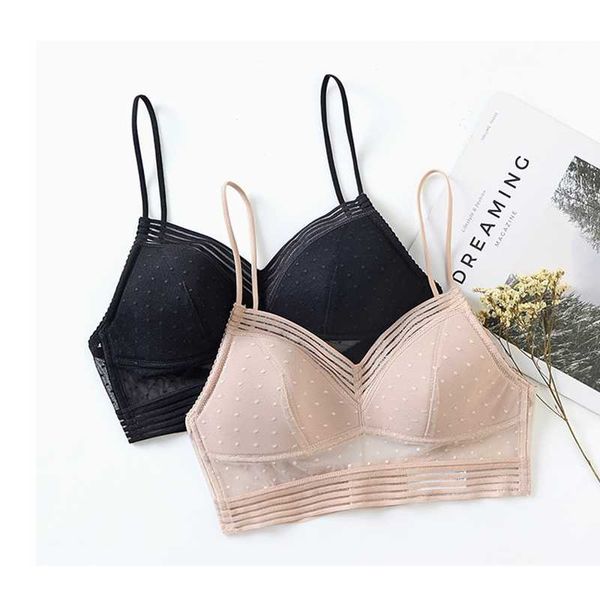 

bras transparent invisible mesh bra without frame soutien gorge grande taille polka dot lace deep u low back bralette encaje mujer, Red;black