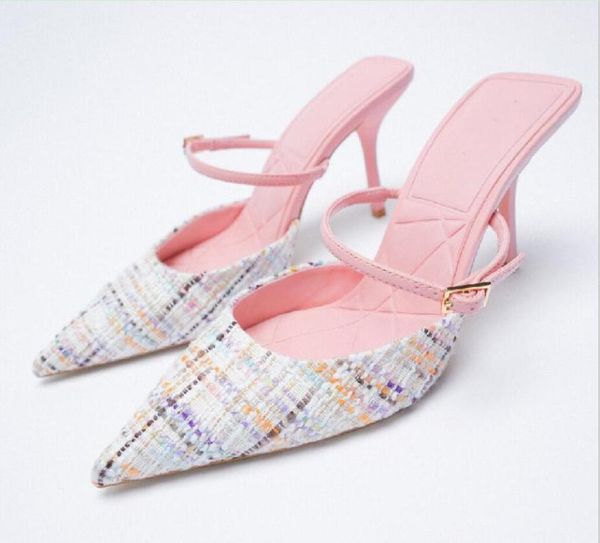 

slippers 2021baotou female summer wear chain pointed high heel mules elegant stiletto single shoe women sandals chaussure femme, Black