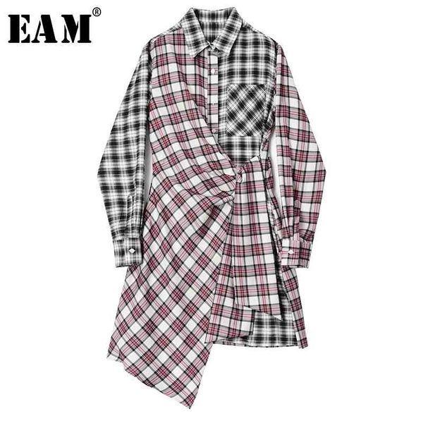 

[eam] women black red plaid asymmetrical dress new lapel long sleeve loose fit fashion tide spring autumn 1s646 210325, Black;gray