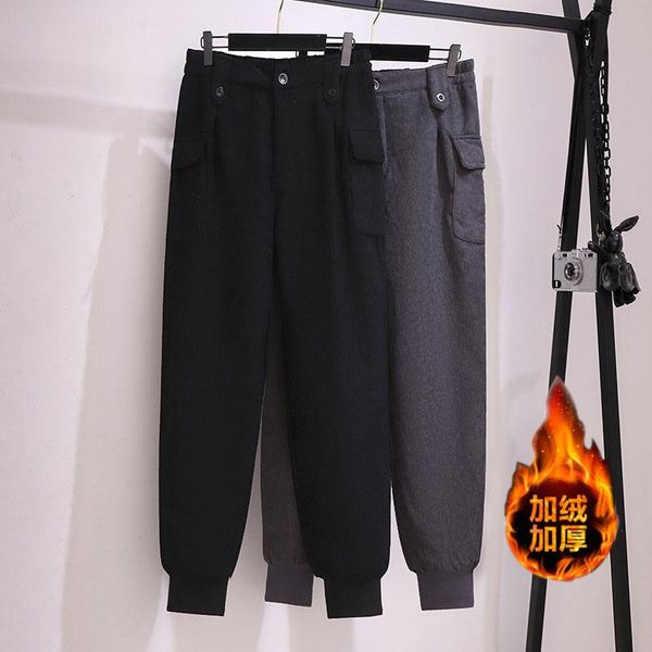 

women's pants & capris 150kg plus size winter loose fleece corduroy cargo 5xl 6xl 7xl 8xl 9xl solid high waist slim harlan casual, Black;white