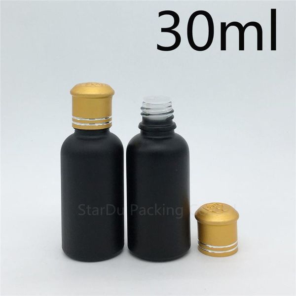 

12pcs/lot 30ml black frosted glass bottle 30cc vials essential oil with gold cover perfume bottles storage & jars