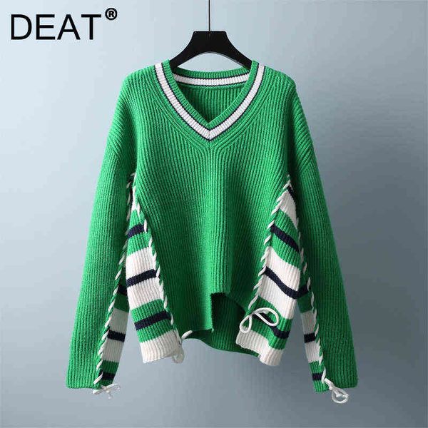

deat women sweater knitted drawstring cross color block striped full sleeve v neck casual style 2021 autumn fashion 15ak671 y1110, White;black