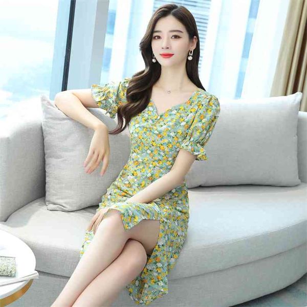 

fashion summer v-neck long dress french retro short sleeve small floral female sweet wind 210507, Black;gray