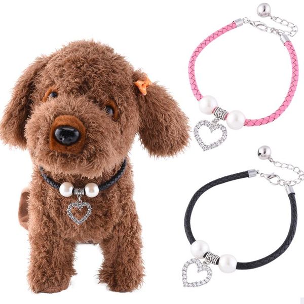 

pet crystal collar adjustable heart shaped diamond pendant necklace with small bell decoration for dog cat d40 collars & leashes