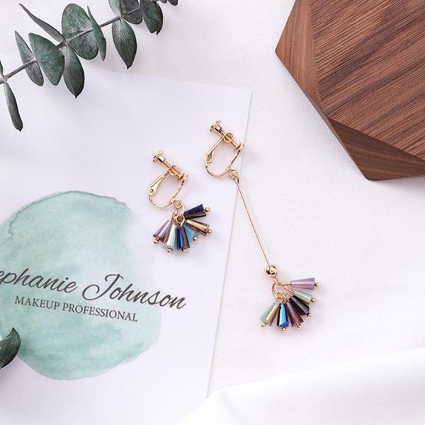

clip-on & screw back jiolong chain crystal asymmetric clip on earrings non piercing for women brincos european and american style jewel, Silver