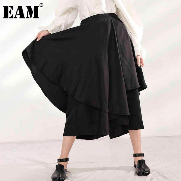 

[eam] high elastic waist black irregular layers wide leg trousers loose fit pants women fashion spring autumn a541 21512, Black;white