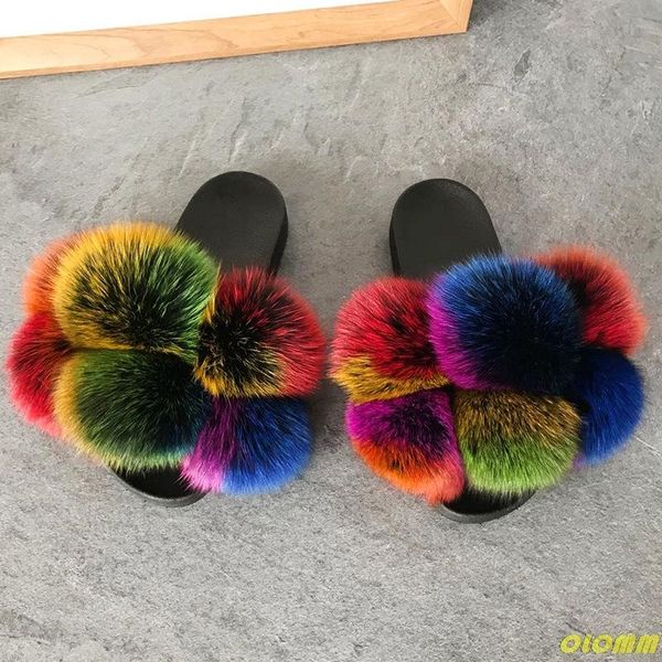 

chuzzle deluxe slippers women fluffy real fur slides furry raccoon sandals ladies cute ball flip flops rainbow shoe, Black