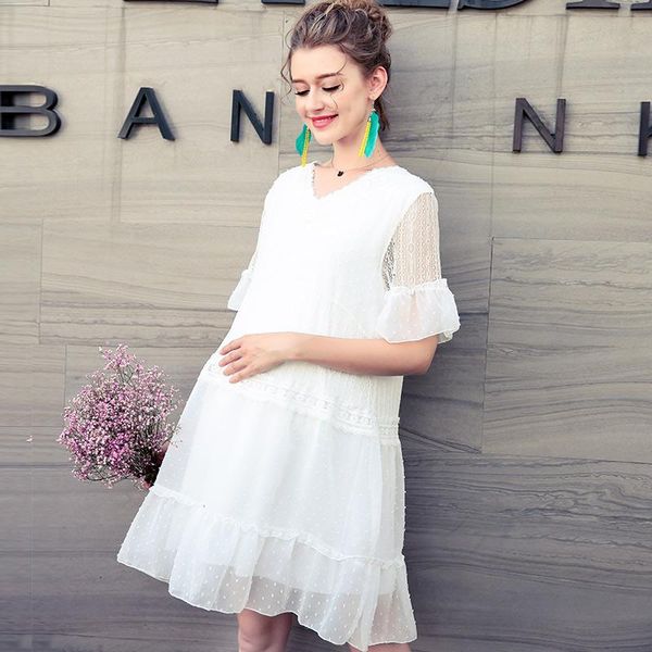 

maternity dresses pregnant women summer dress fashion 2021 medium length lace short sleeve loose with built-in suit, White