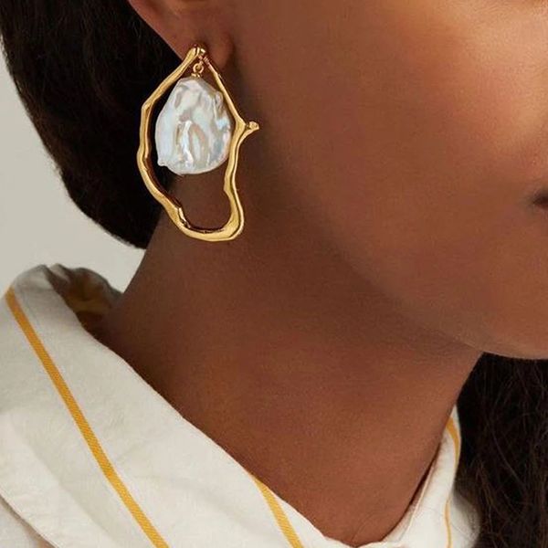 

gold metal geometric baroque irregular imitation pearl earrings for women 2021 fashion wedding party jewelry simple stylish, Silver