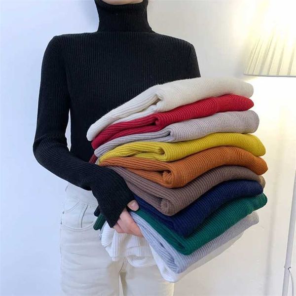 

zoki women pullover turtleneck sweater autumn long sleeve slim elastic korean simple basic jumper solid color 211221, White;black