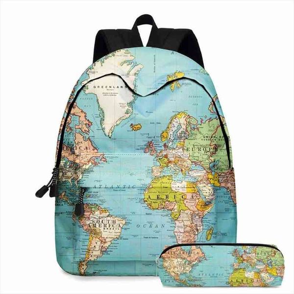 

2pcs world map printing backpack lapdaypack bookbag with pencil case set travel student rucksack