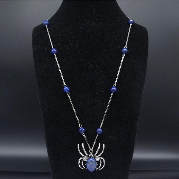 

spider natural stone stainless steel beads necklaces pendants women blue color long statement necklace jewelry cadena nf10s04 pendant, Silver