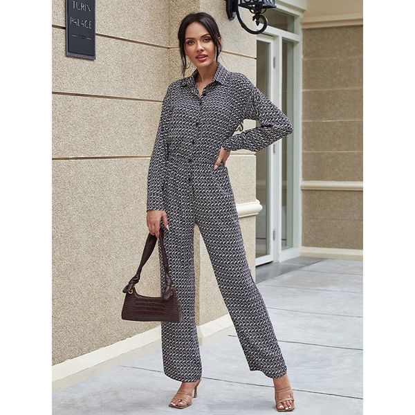 

women's jumpsuits & rompers autumn lapel fashion casual jumpsuit streetwear long sleeve clothing button printing female wide leg overal, Black;white
