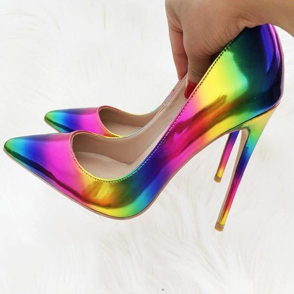 

dress shoes fluorescent multi-color pointed toe pumps 12cm stiletto heels rainbow shallow iridescent wedding bride, Black