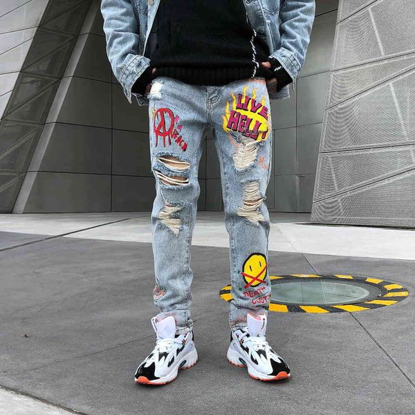 

men's jeans pijtrl men's jeans embroidered with light blue casual yellow hole dqcs