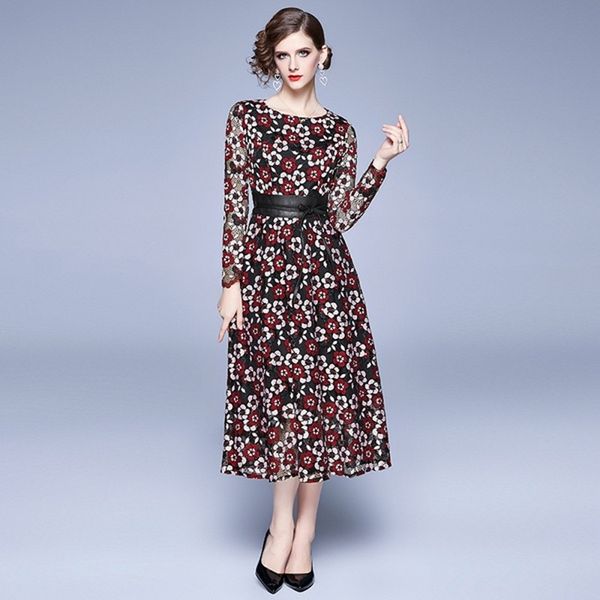 

vintage luxury autumn flower embroidery dress sash waisted women long sleeve o-neck long dress female a-line party dress 210514, Black;gray