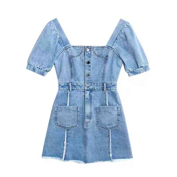 

women slash neck short sleeve puff pocket a line mini dress summer beach female denim blue d1896 210514, Black;gray