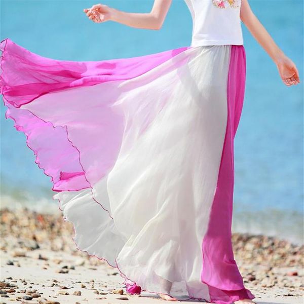 

skirts double-color patchwork long skirt women soft chiffon elastic waist beach, Black