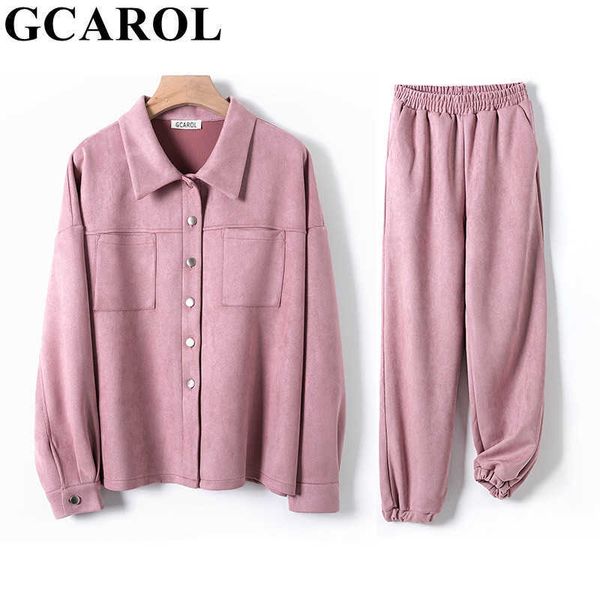 

gcarol women velvet tracksuits drop shoulder oversize single-breasted jacket and elastic waist overalls cargo pants in 4 season 210929, White