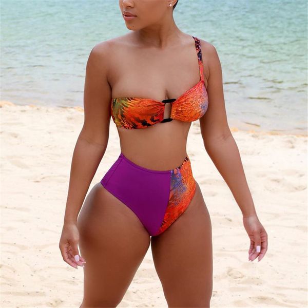 

splicing one shoulder female swimsuit high waist bikini women swimwear two-pieces bikini set bather bathing suit swim lady k2596