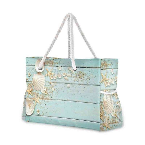 

shopping bags 2021 fashion nautical border seashells summer women shoulder bags tote bag large capacity casual nylon beach shoulder handbag