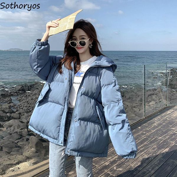 

women short style parkas hooded zipper button leisure korean thicker warm fashion outwear solid fresh student harajuku women's down, Black