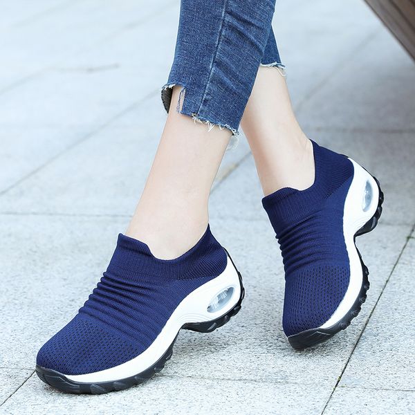 

women casual shoes breathable convenient mesh height-increasing slip-on female sock footwear outdoor ladies sneakers platforms, Black