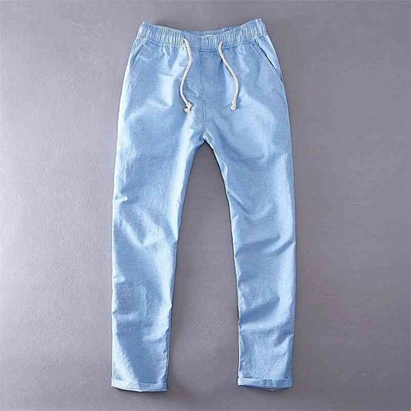 

male casual pants cotton linen solid blue elastic waist straight loose trousers summer breathable drawstring men's clothing y026 210715, Black