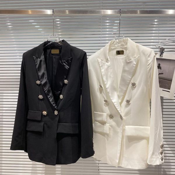 

women's suits & blazers 2021 fall double drained rhinestone button silk neck slim shoulder pad mid-length suit jacket black blazer wome, White;black
