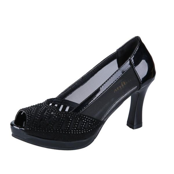 

dress shoes summer woman pumps bling open toe slip-on high heels hollow out women sandals office spike mujer ladies, Black