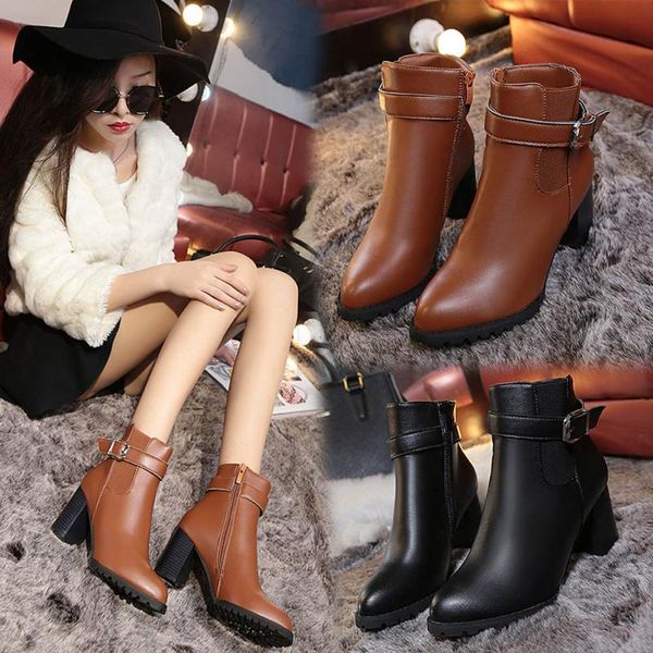 

boots women autumn winter short high heel shoes ankle solid pu leather ladies snow t3#, Black