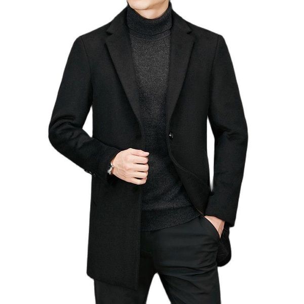 

men's wool & blends coats for men fashion smart casual long mens jackets and turn down collar solid trench coat clothing 2021, Black