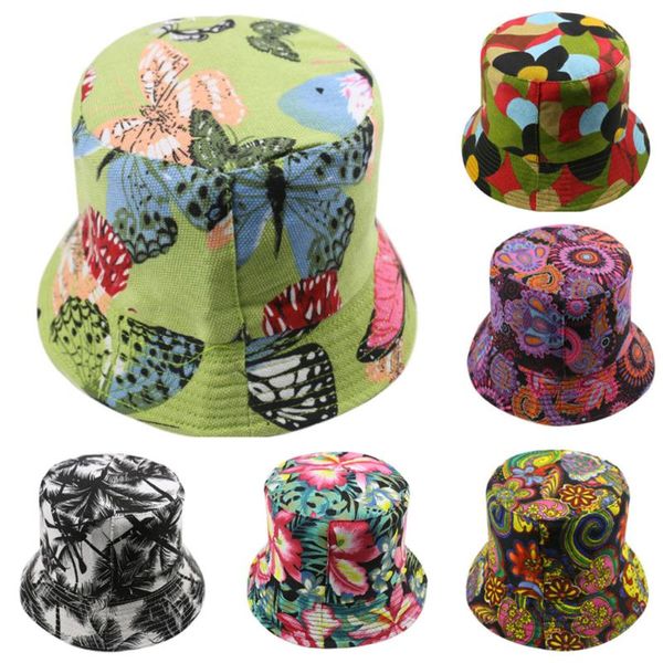 

Summer Bucket Hat Fashion Women Butterfly Plant Print Foldable Anti-sunburn Sun Cap Basin Fisherman Caps 2021 Wide Brim Hats, Blue;gray