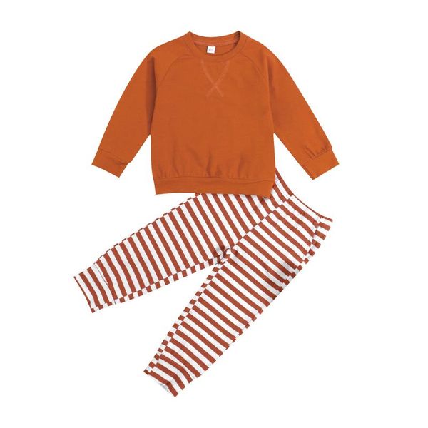 

clothing sets 1-6 years full sleeve children’s casual t-shirt trousers set fresh solid color long stripe pants, White