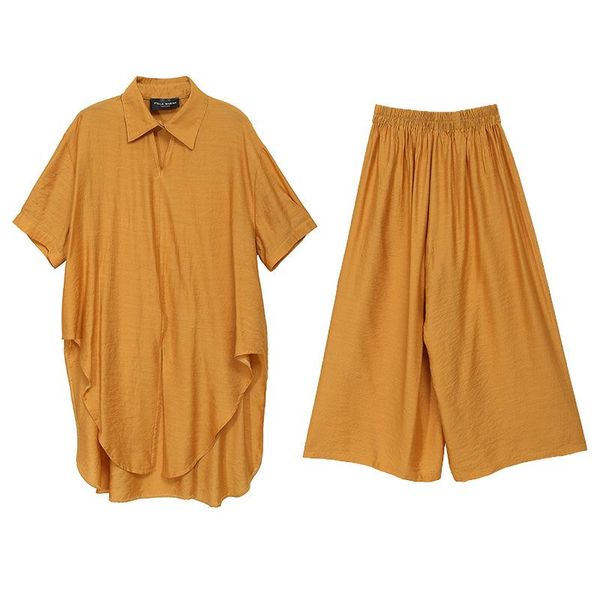 

women's tracksuits summer solid color slimming short sleeve lapel large size fashionable loose casual two-piece wide leg pants suit, Gray