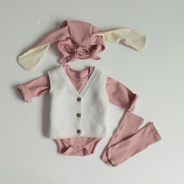 

cute bodysuits newborn baby girls clothes set cotton jumpsuit+ rabbit ear hat+ socks autumn baby outfits set kids knit cardigan, White