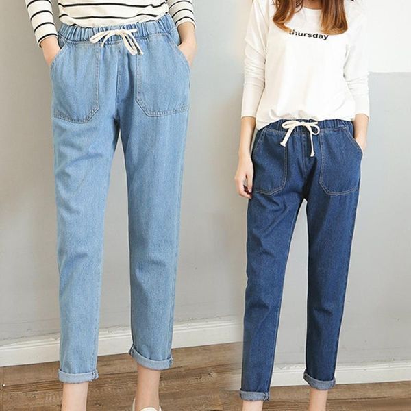 

women's pants & capris arrival womens korean drawstring loose high waist jeans straight leg pockets elastic store, Black;white