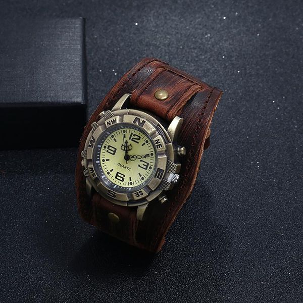 

wristwatches retro watch men punk simple pin buckle strap leather band relogio masculino brown big wide bracelet cuff, Slivery;brown