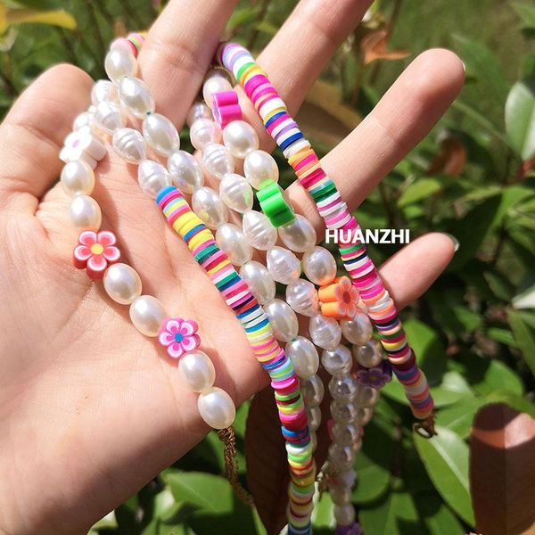

chains colorful soft pottery asymmetry pearl daisy flowers necklace for women girls summer travel party jewelry huanzhi 2021 trendy, Silver