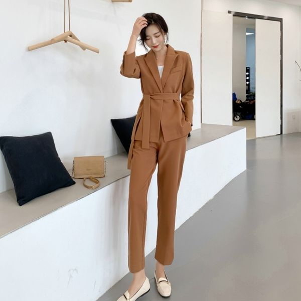 

fashion women's suit pants spring and autumn slim solid color belt female slim trousers two-piece 210525, White