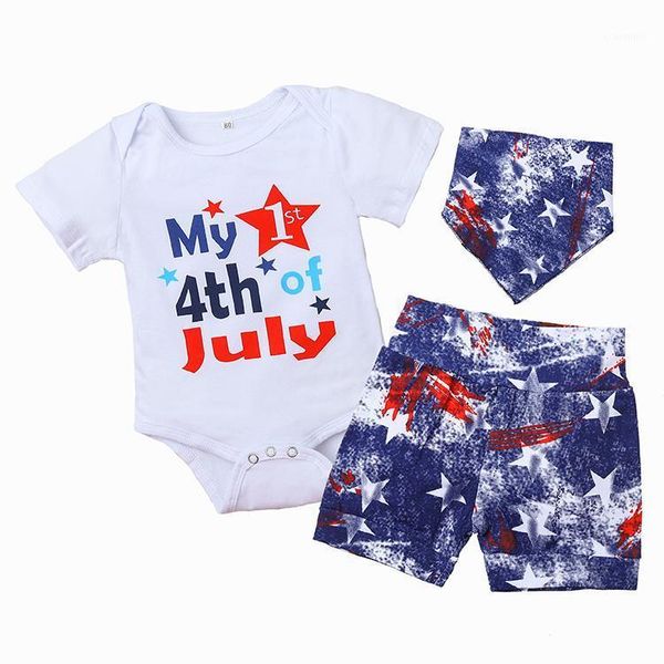 

3pcs baby independence day outfit, letter print short sleeves romper + star shorts bib suit for toddler girls, boys clothing sets, White