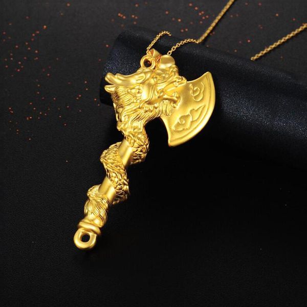 

men ax pendant necklace chinese mythology gold color dragon design rune hatchet bottle opener choker charms collier necklaces, Silver