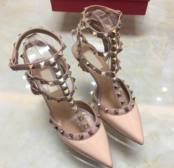 

sandals pointed brand toe 3-strap 6cm 8cm 10cm rivet high heels patent leather rivets women v shoes without box b4g0, Black