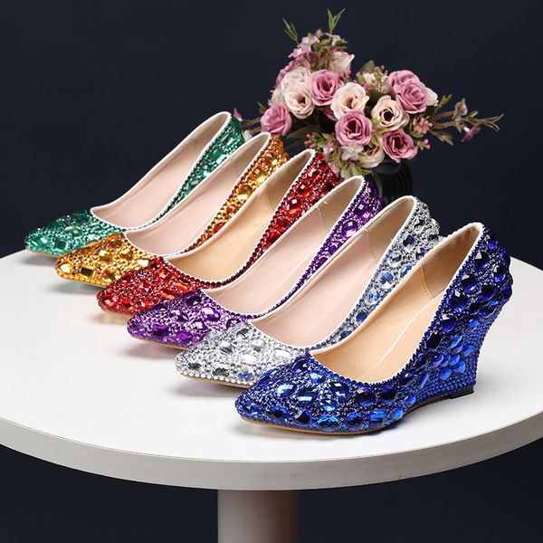 Rhinestone cunhas saltos para mulheres confortáveis ​​sapatos de recepção de casamento apontado toe toe Bombas Royal azul verde roxo