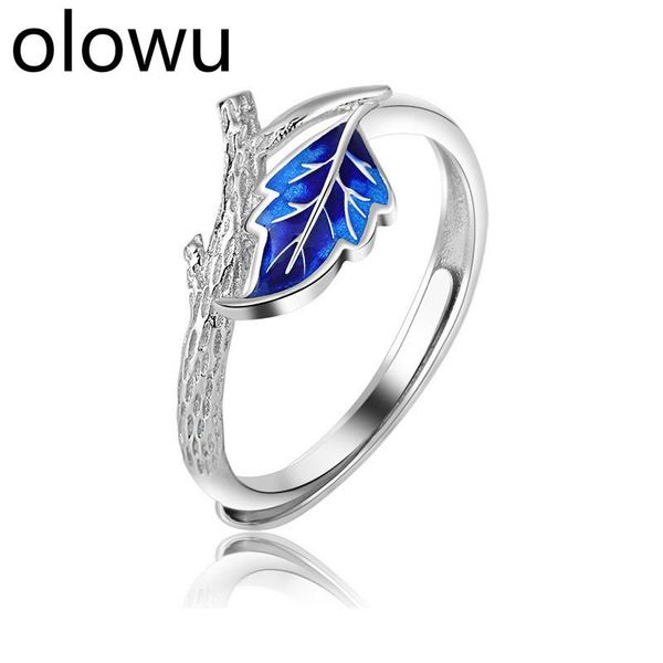 

wedding rings olowu folk-custom burning blue cloisonne ring enamel tree branch adjustable creative leaf jewelry gift for women, Slivery;golden