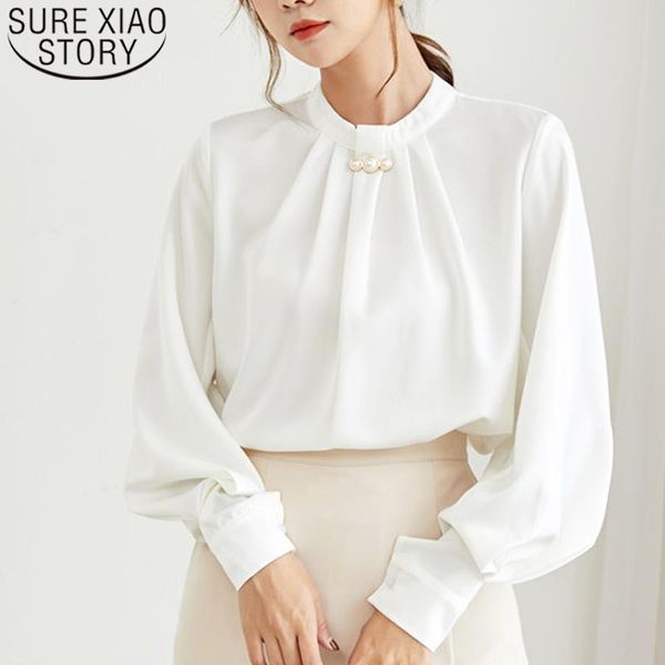

fashion blouse women 2021 ladies solid white shirts for chiffon beading stand lantern sleeve full 7015 50 women's blouses &