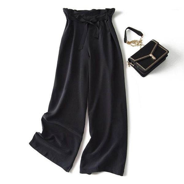 

women's pants & capris 100% silk woman wide leg female high waist trousers women korean fashion summer 2021 pantalon pour femme pph4717, Black;white