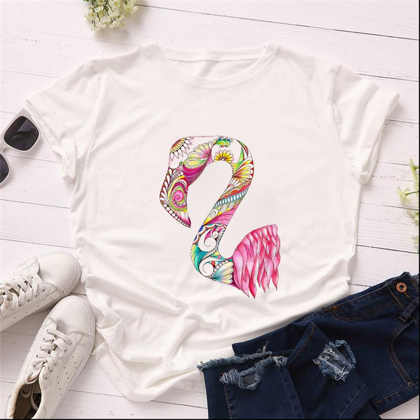 

fashion women t shirts summer short sleeve casual o neck polyester girls cranes print aesthetics clothes, White
